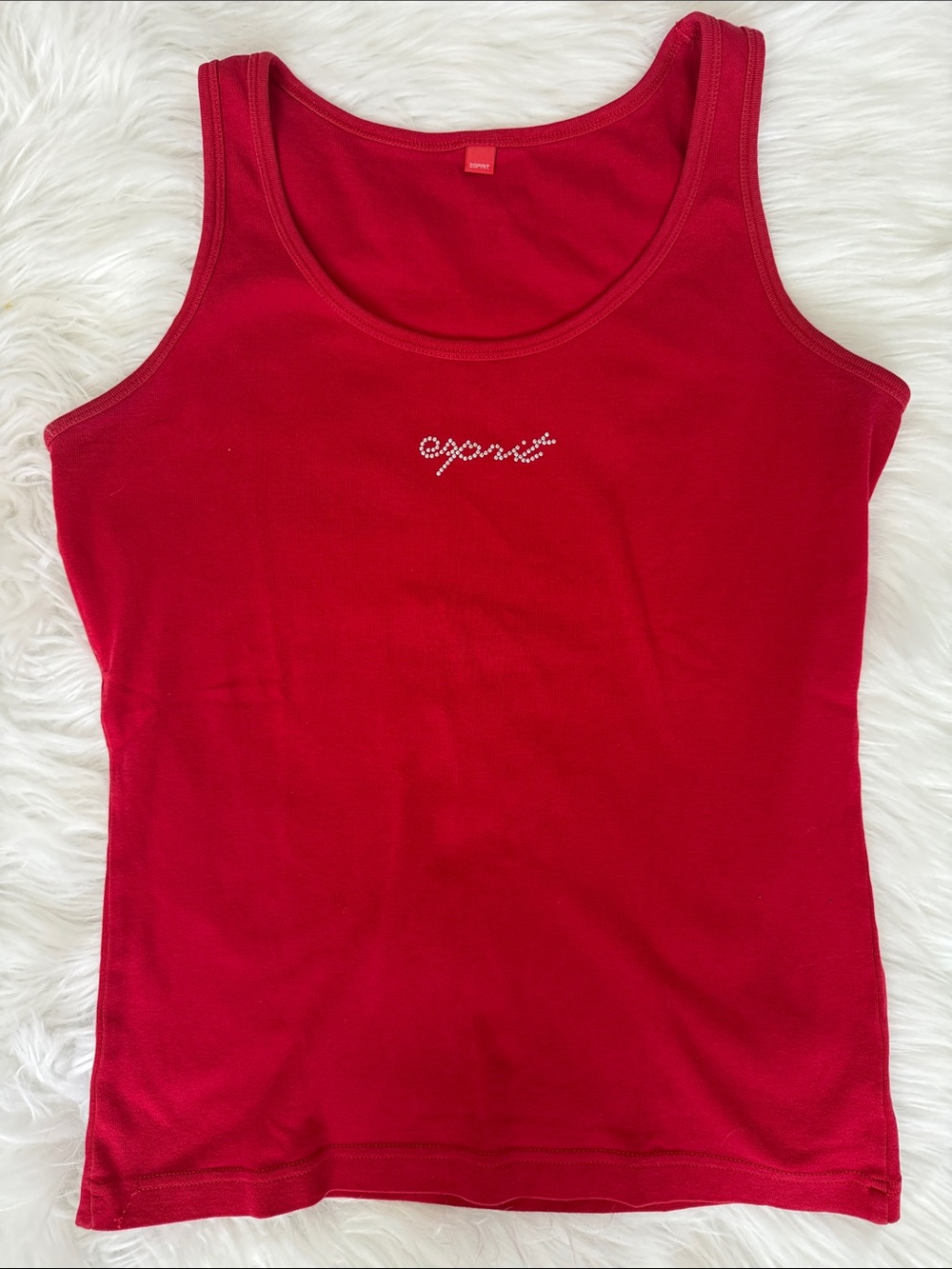 Esprit Red Rhinestone Logo Tank Top Women’s XL Y2K Sleeveless Stretch Cami